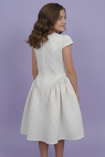 صورة فستان بيج مزين بالؤلؤ على الجوانب جاكار